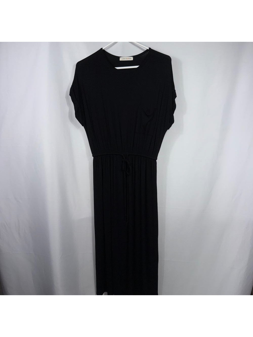 Lake Flower Black Drawstring Waist Maxi Dress
